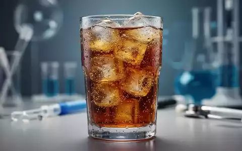 Ein Glas mit einem zuckerhaltigen Getränk und Eiswürfeln, Kondenswasser am Glas, vor einem unscharfen medizinischen Hintergrund. - Foto: über boerse-global.de