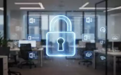 A glowing digital padlock icon overlaid on a blurred image of a modern office space with Microsoft 365 app logos. - Foto: über boerse-global.de