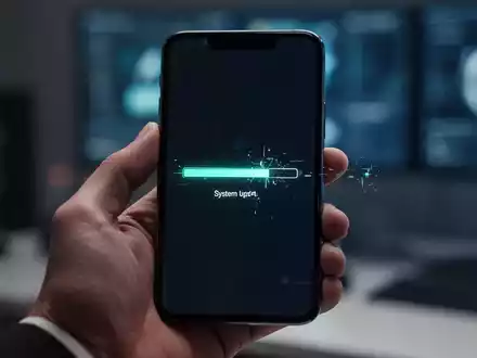 Nahaufnahme einer Hand, die ein Smartphone hält, auf dessen Bildschirm ein System-Update-Fortschrittsbalken und ein kleiner Fehler angezeigt werden. - Foto: über boerse-global.de