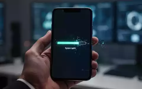 Nahaufnahme einer Hand, die ein Smartphone hält, auf dessen Bildschirm ein System-Update-Fortschrittsbalken und ein kleiner Fehler angezeigt werden. - Foto: über boerse-global.de