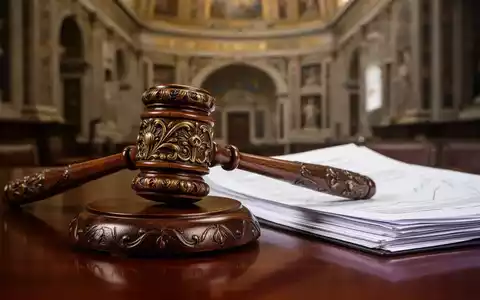Ein hölzerner Hammer ruht auf einem Tisch neben Finanzdokumenten, verschwommene italienische Architektur im Hintergrund. - Foto: über boerse-global.de