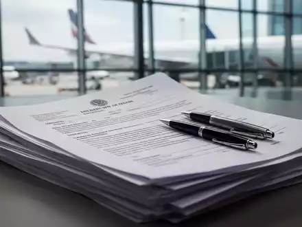 Nahaufnahme von juristischen Dokumenten und einem Stift, mit einem unscharfen Hintergrund, der einen Flughafen oder ein Flugzeug zeigt. - Foto: über boerse-global.de