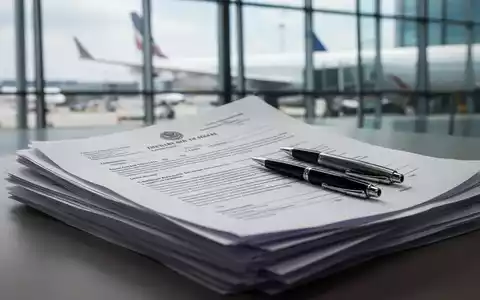 Nahaufnahme von juristischen Dokumenten und einem Stift, mit einem unscharfen Hintergrund, der einen Flughafen oder ein Flugzeug zeigt. - Foto: über boerse-global.de