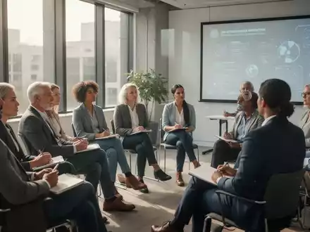 Menschen nehmen an einem Resilienztraining in einem hellen Seminarraum teil, konzentriert und engagiert bei der Sache. - Foto: über boerse-global.de