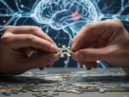 Hände manipulieren filigrane Objekte, im Hintergrund verschwommen neurologische Pfade oder ein digitales Gehirninterface sichtbar. - Foto: über boerse-global.de