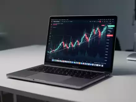 A sleek, silver laptop, resembling an Apple MacBook, open on a desk with a glowing financial chart on its screen. - Foto: über boerse-global.de