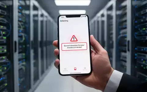 A hand holds a smartphone showing an error message on a banking app, with a blurred background of network servers. - Foto: über boerse-global.de