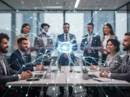 Ein stilisiertes, leuchtendes neuronales Netz überlagert unscharfe Büromitarbeiter, symbolisiert hohe Gehälter für KI-Experten. - Foto: über boerse-global.de
