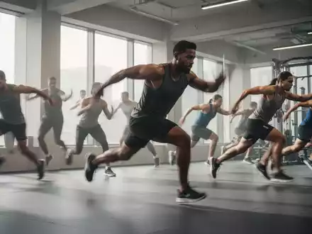 Eine diverse Gruppe von Sportlern führt dynamische Ganzkörperübungen in einem modernen Fitnessstudio aus, mit Fokus auf Bewegung und Intensität. - Foto: über boerse-global.de