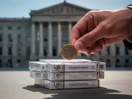 Eine Hand legt eine Euromünze auf Zigarettenpackungen vor einem unscharfen Regierungsgebäude, symbolisiert Tabaksteuererhöhung. - Foto: über boerse-global.de