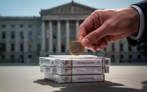 Eine Hand legt eine Euromünze auf Zigarettenpackungen vor einem unscharfen Regierungsgebäude, symbolisiert Tabaksteuererhöhung. - Foto: über boerse-global.de