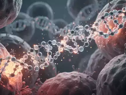 Nahaufnahme von leuchtenden Peptidketten, die mit Zellstrukturen interagieren und zelluläre Regeneration und Anti-Aging-Mechanismen darstellen. - Foto: über boerse-global.de
