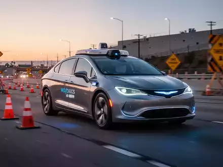 A Waymo self-driving car navigating through a freeway construction zone with orange cones and signs at dusk. - Foto: über boerse-global.de