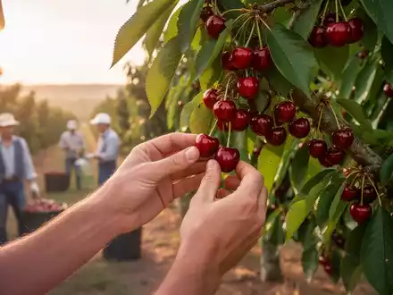 Hände pflücken reife rote Kirschen von einem Baum in einem Obstgarten, mit unscharfen Landarbeitern im Hintergrund. - Foto: über boerse-global.de