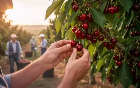 Hände pflücken reife rote Kirschen von einem Baum in einem Obstgarten, mit unscharfen Landarbeitern im Hintergrund. - Foto: über boerse-global.de