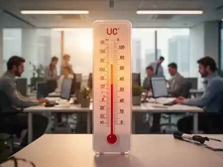 Ein Thermometer zeigt hohe Temperaturen in einem modernen Büroumfeld, im Hintergrund verschwommene arbeitende Menschen. - Foto: über boerse-global.de
