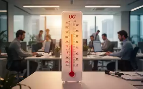 Ein Thermometer zeigt hohe Temperaturen in einem modernen Büroumfeld, im Hintergrund verschwommene arbeitende Menschen. - Foto: über boerse-global.de