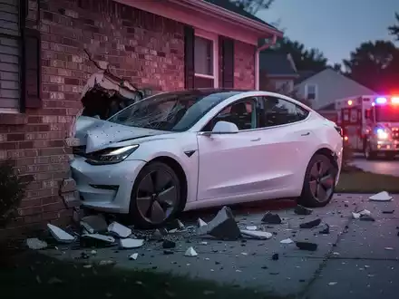 A white Tesla Model 3 crashed into a brick house at dusk, with debris scattered around the impact site. - Foto: über boerse-global.de