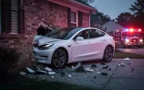 A white Tesla Model 3 crashed into a brick house at dusk, with debris scattered around the impact site. - Foto: über boerse-global.de