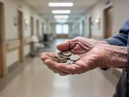Eine alte Hand hält wenige Münzen, die finanzielle Not symbolisieren, vor dem verschwommenen Hintergrund eines Pflegeheimflurs. - Foto: über boerse-global.de
