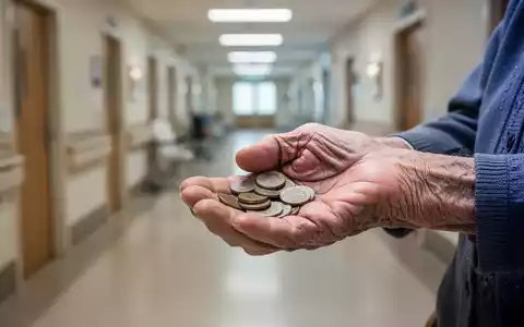 Eine alte Hand hält wenige Münzen, die finanzielle Not symbolisieren, vor dem verschwommenen Hintergrund eines Pflegeheimflurs. - Foto: über boerse-global.de