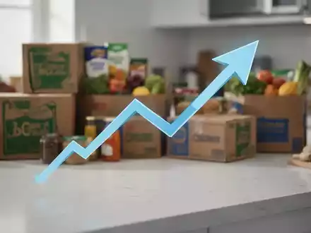 Ein stilisierter Abwärtspfeil vor einem unscharfen Hintergrund von Lebensmittel-Lieferboxen, der finanzielle Verluste symbolisiert. - Foto: über boerse-global.de
