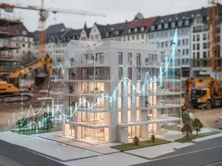 Ein modernes Architekturmodell eines Wohngebäudes mit leuchtenden Finanzdiagrammen, vor einem unscharfen Stadtbild mit Baustelle. - Foto: über boerse-global.de