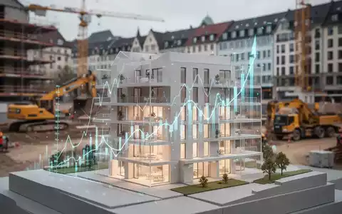 Ein modernes Architekturmodell eines Wohngebäudes mit leuchtenden Finanzdiagrammen, vor einem unscharfen Stadtbild mit Baustelle. - Foto: über boerse-global.de