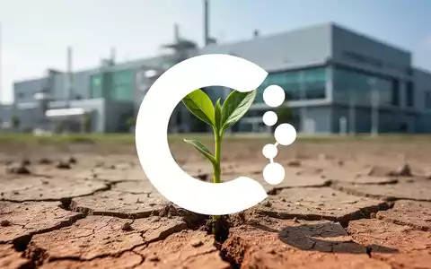 Ein grüner Setzling durchbricht trockene Erde, mit einer modernen Fabrik im verschwommenen Hintergrund, symbolisiert Erholung und Wachstum. - Foto: über boerse-global.de