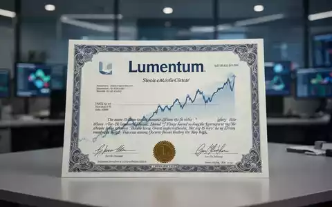 Lumentum-Aktienzertifikat mit einem dezenten Abwärtstrend und einem unscharfen technologischen Bürohintergrund. - Foto: über boerse-global.de
