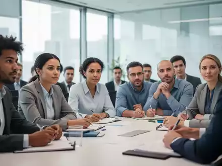 Eine Gruppe von Personen nimmt an einer Schulung teil, sitzt an einem Konferenztisch und konzentriert sich auf eine Präsentation. - Foto: über boerse-global.de