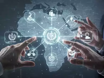 A holographic interface showing interconnected digital government services, with hands interacting, set against a subtle map of Africa. - Foto: über boerse-global.de