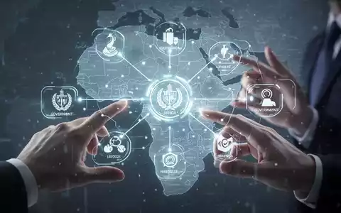 A holographic interface showing interconnected digital government services, with hands interacting, set against a subtle map of Africa. - Foto: über boerse-global.de
