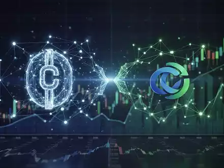 Abstrakte Darstellung eines Blockchain-Netzwerks, das zwei Unternehmen digital verbindet, mit einem Finanzgraphen im Hintergrund. - Foto: über boerse-global.de