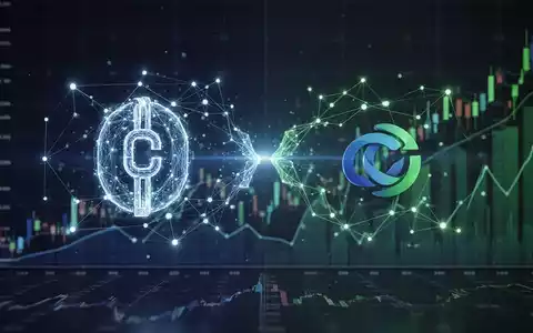 Abstrakte Darstellung eines Blockchain-Netzwerks, das zwei Unternehmen digital verbindet, mit einem Finanzgraphen im Hintergrund. - Foto: über boerse-global.de