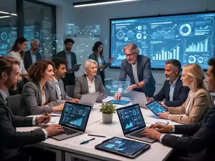 Professionals and students in a modern German classroom, using laptops and digital screens for digital business management education. - Foto: über boerse-global.de