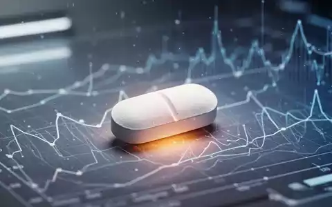 Eine einzelne pharmazeutische Pille, die subtil leuchtet, auf einer abstrakten Oberfläche mit wissenschaftlichen Datenlinien im Hintergrund. - Foto: über boerse-global.de