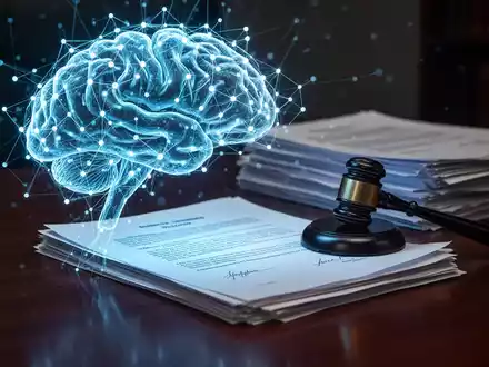 Ein stilisiertes, leuchtendes neuronales Netz beleuchtet juristische Dokumente und einen Hammer auf einem Schreibtisch. - Foto: über boerse-global.de