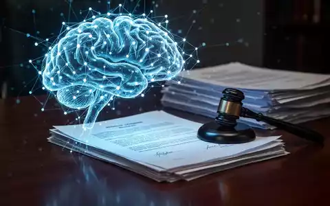Ein stilisiertes, leuchtendes neuronales Netz beleuchtet juristische Dokumente und einen Hammer auf einem Schreibtisch. - Foto: über boerse-global.de