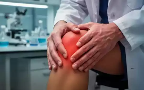 Hände halten ein schmerzendes Knie, im Hintergrund verschwommene medizinische Forschungsausrüstung. - Foto: über boerse-global.de