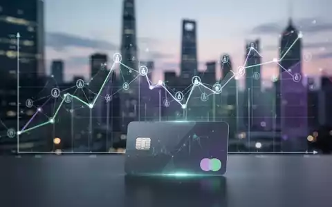 Eine digitale Grafik mit einem leichten Rückgang, überlagert von Blockchain-Netzwerken. Im Vordergrund eine futuristische Debitkarte. - Foto: über boerse-global.de