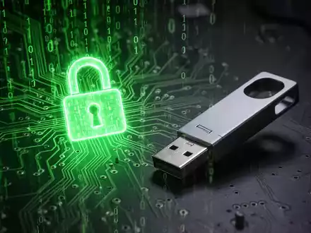 A glowing green circuit board with binary code, a digital padlock, and a stylized USB drive, symbolizing a cyber threat. - Foto: über boerse-global.de