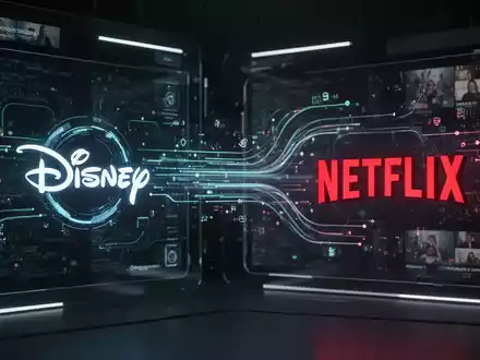 Abstrakte Darstellung von Video-Automatisierung mit stilisierten Disney- und Netflix-Logos und Datenströmen. - Foto: über boerse-global.de