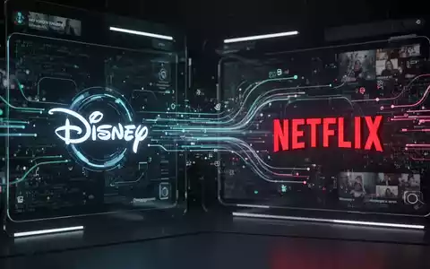 Abstrakte Darstellung von Video-Automatisierung mit stilisierten Disney- und Netflix-Logos und Datenströmen. - Foto: über boerse-global.de
