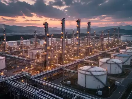 Luftaufnahme einer modernen chemischen Raffinerie in Fukui, Japan, bei Sonnenuntergang, mit beleuchteten Industrierohren und Tanks. - Foto: über boerse-global.de