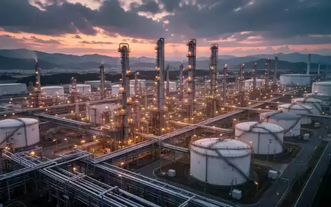 Luftaufnahme einer modernen chemischen Raffinerie in Fukui, Japan, bei Sonnenuntergang, mit beleuchteten Industrierohren und Tanks. - Foto: über boerse-global.de