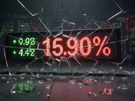 Ein zerbrochener Börsenticker zeigt einen starken negativen Prozentwert, mit verstreuten Datenfragmenten in dunkler Atmosphäre. - Foto: über boerse-global.de