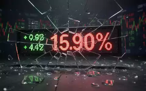 Ein zerbrochener Börsenticker zeigt einen starken negativen Prozentwert, mit verstreuten Datenfragmenten in dunkler Atmosphäre. - Foto: über boerse-global.de