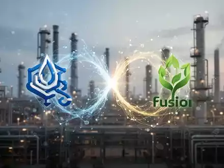 Zwei abstrakte Firmenlogos verschmelzen, mit verschwommenen Industrieanlagen im Hintergrund, symbolisieren eine Unternehmensfusion. - Foto: über boerse-global.de