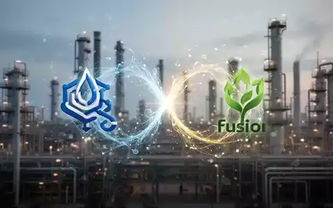 Zwei abstrakte Firmenlogos verschmelzen, mit verschwommenen Industrieanlagen im Hintergrund, symbolisieren eine Unternehmensfusion. - Foto: über boerse-global.de
